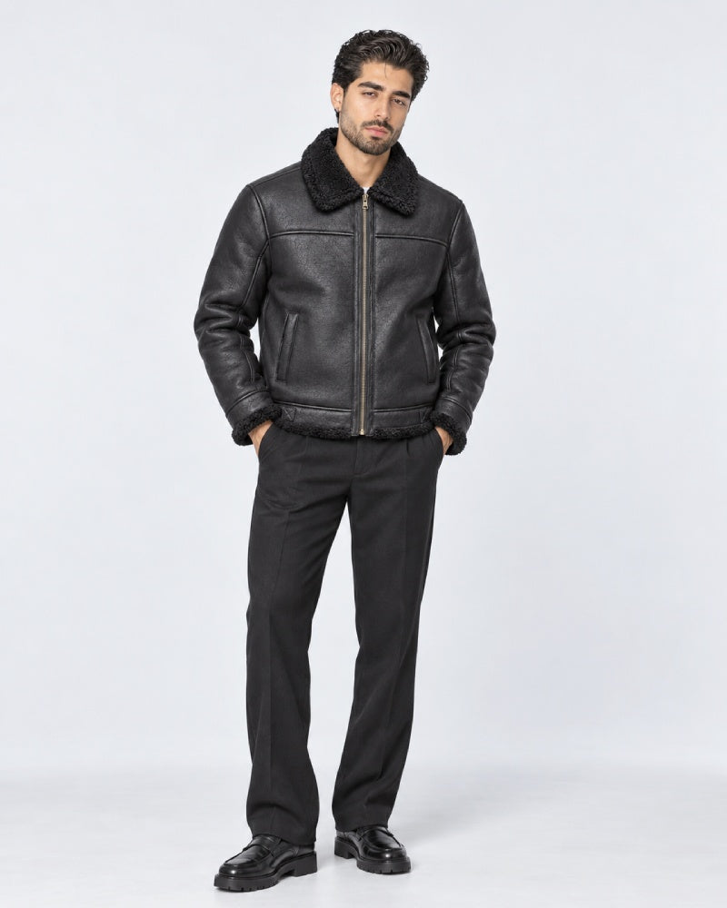 Mens Shearling Leather Bomber Jacket