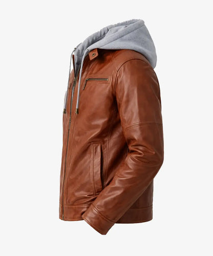 MenbrownRemovableHoodBikerBomberJacketWithGreyHood