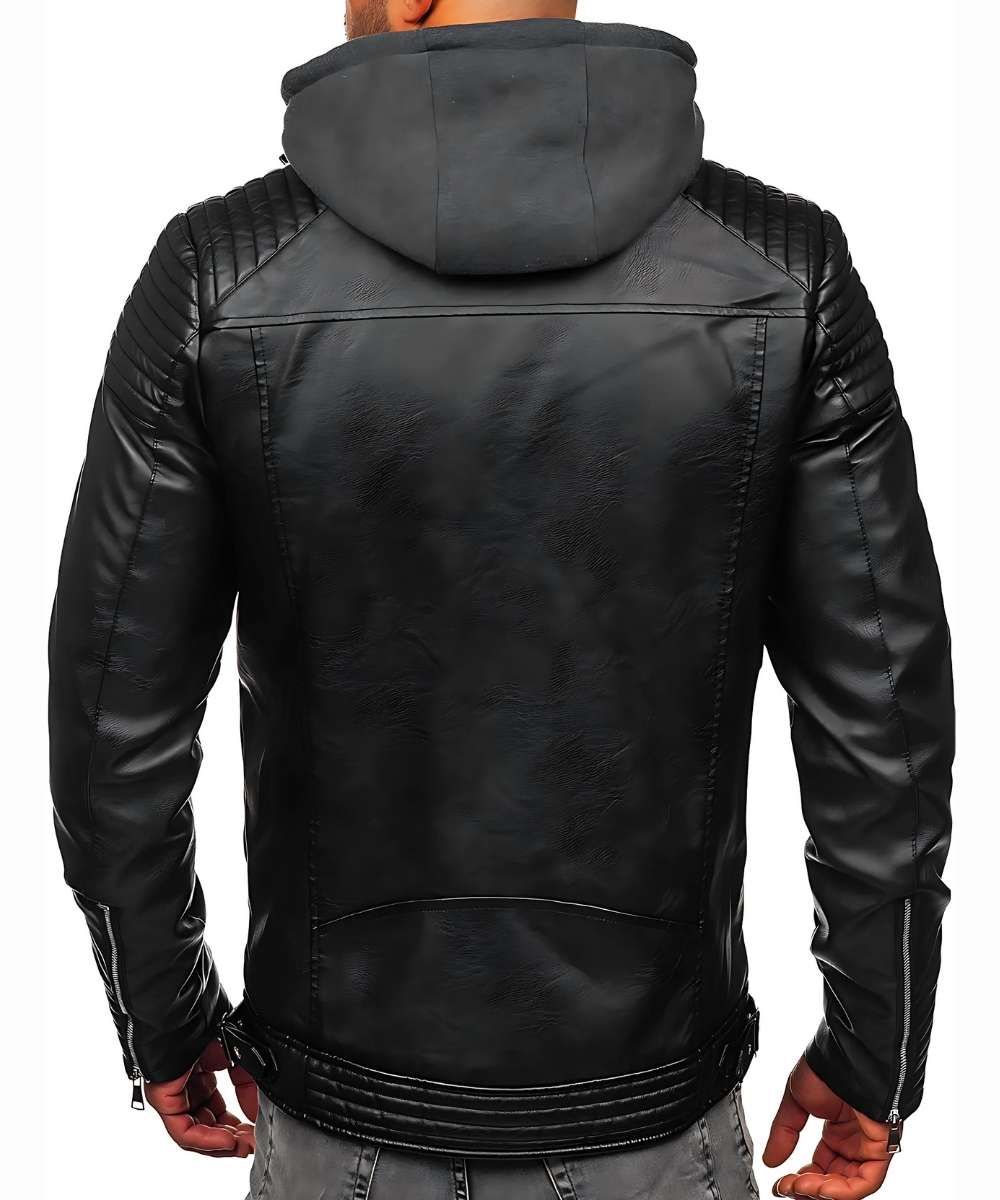 Mens Black Real Leather Jacket With Hood