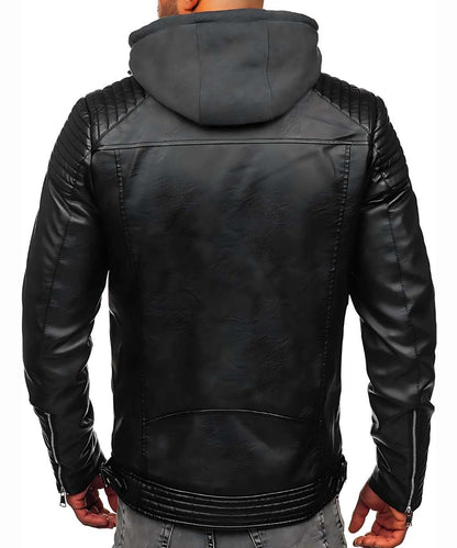 Mens Black Real Leather Jacket With Hood