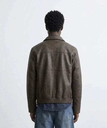 MensBrownLeatherEffectBomberJacket
