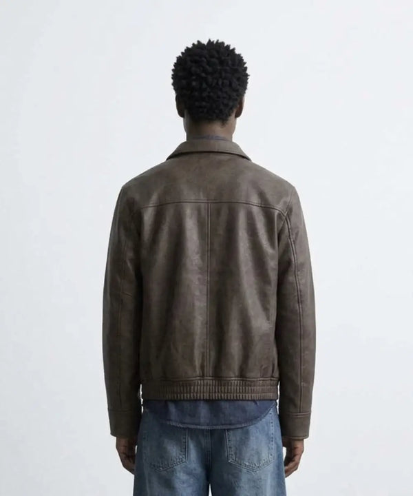 MensBrownLeatherEffectBomberJacket