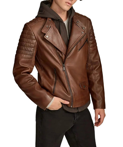 Mens Brown leather biker jacket with hood