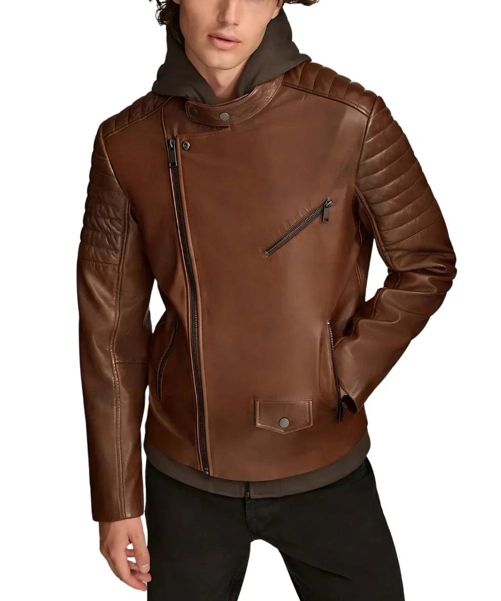 Mens Brown leather jacket with hood