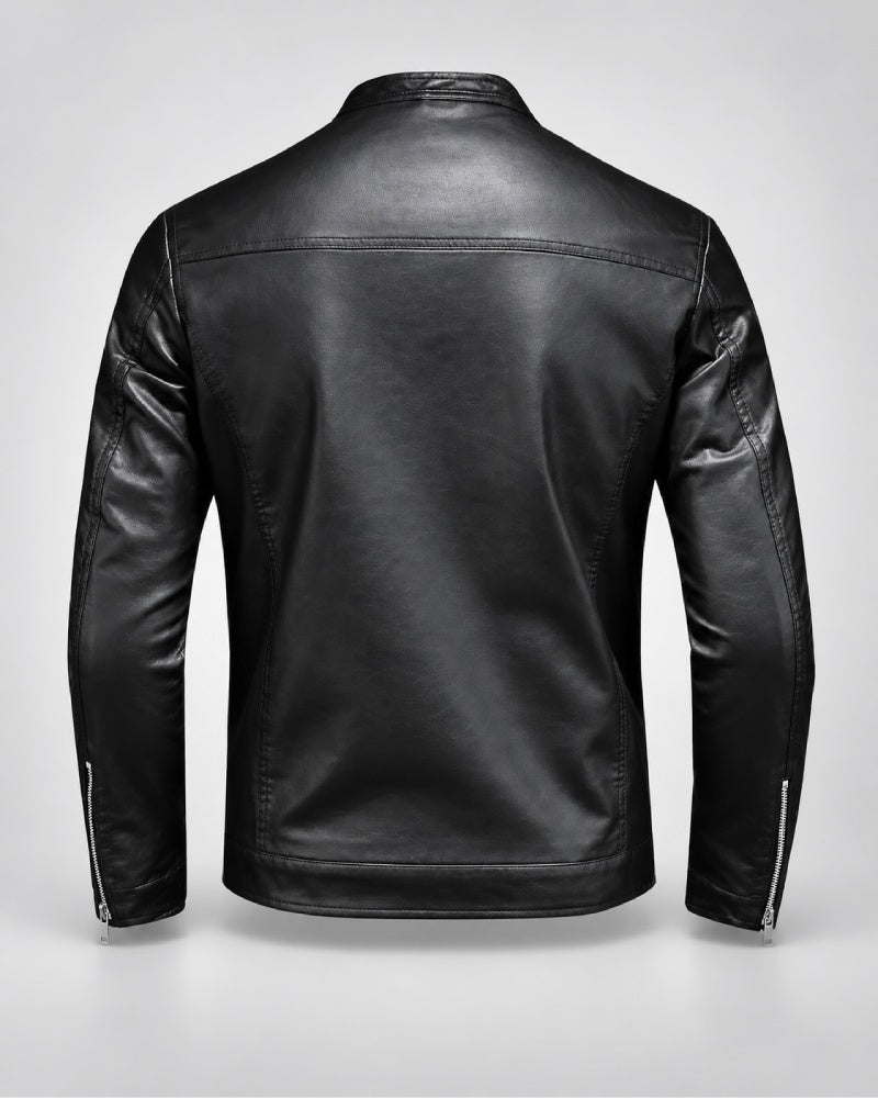 MensClassicMinimalistPlainBlackLeatherBikerJacket