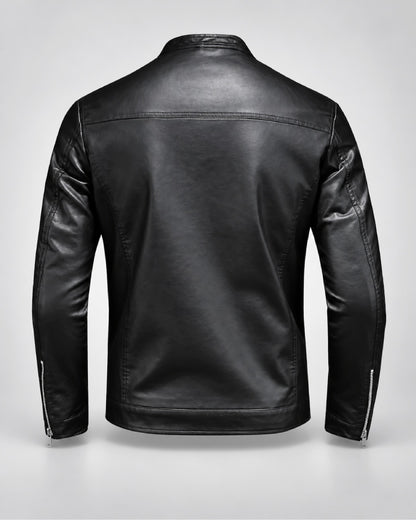MensClassicMinimalistPlainBlackLeatherBikerJacket