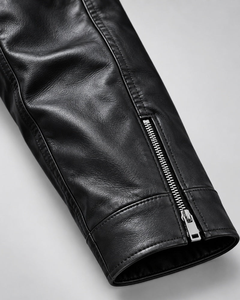 MensClassicMinimalistPlainBlackLeatherBikerJacketWith