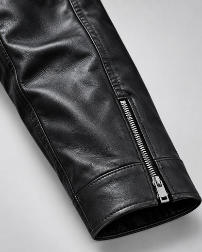 MensClassicMinimalistPlainBlackLeatherBikerJacketWith