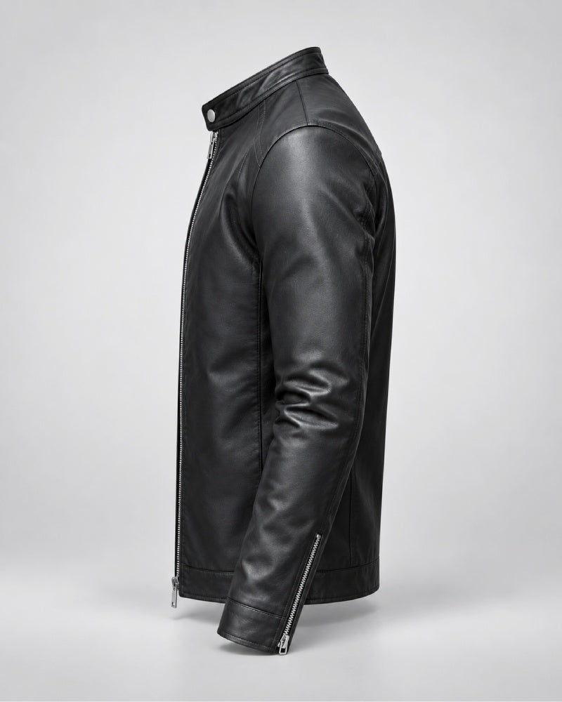 MensClassicMinimalistPlainBlackLeatherBikerJacketWithMoto-Inspired