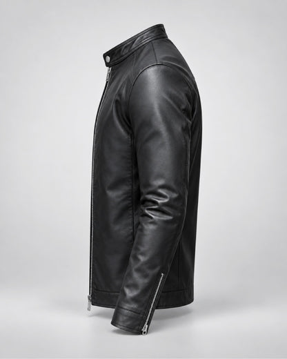 MensClassicMinimalistPlainBlackLeatherBikerJacketWithMoto-Inspired
