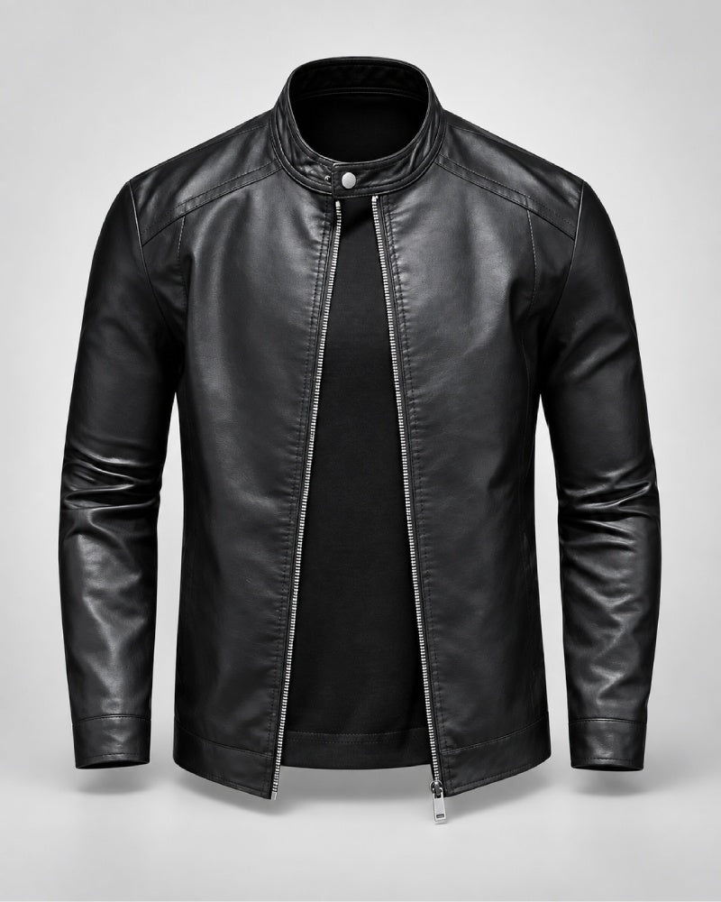 MensClassicMinimalistPlainBlackLeatherBikerJacketWithMoto-InspiredDetails