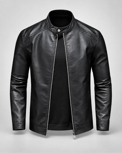 MensClassicMinimalistPlainBlackLeatherBikerJacketWithMoto-InspiredDetails