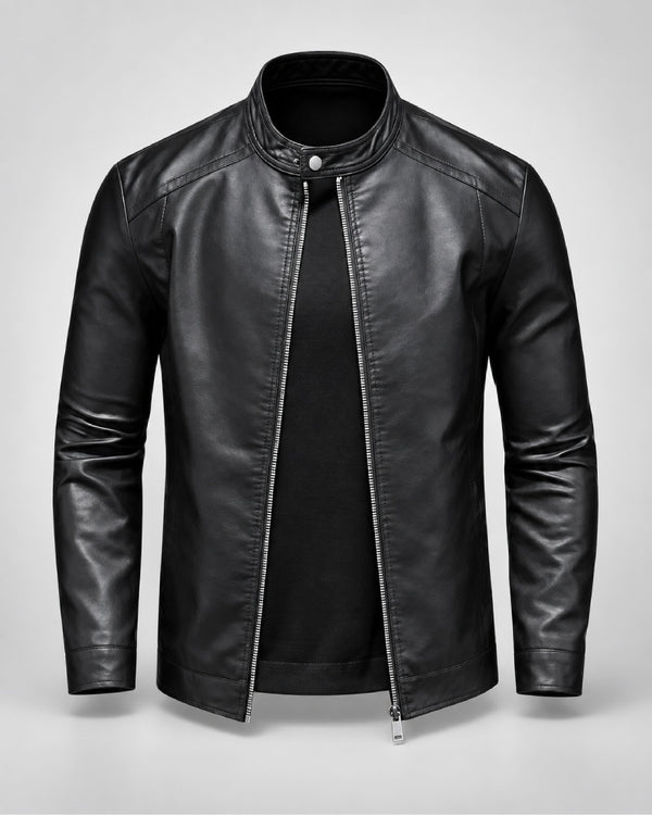 MensClassicMinimalistPlainBlackLeatherBikerJacketWithMoto-InspiredDetails