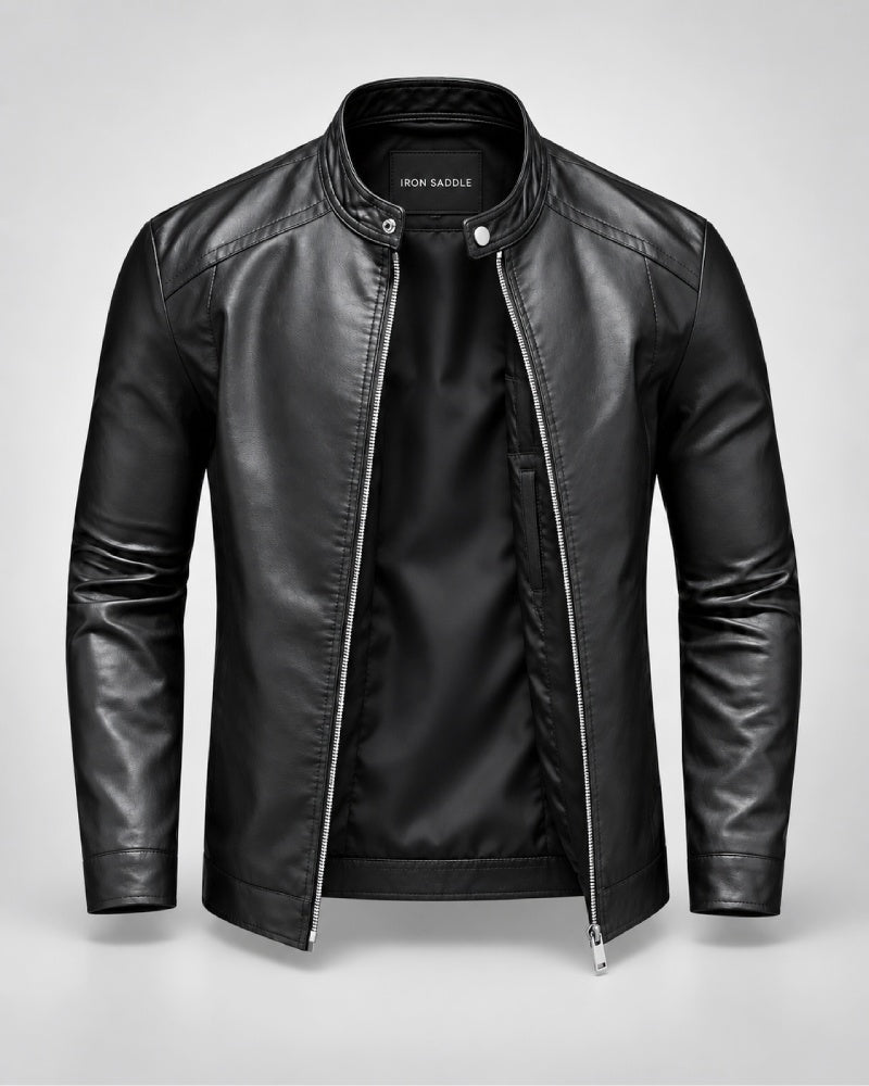MensClassicPlainBlackLeatherBikerJacketWithMoto-InspiredDetails
