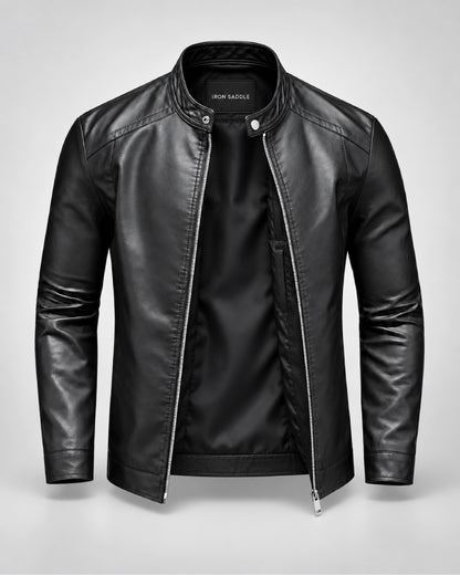 MensClassicPlainBlackLeatherBikerJacketWithMoto-InspiredDetails