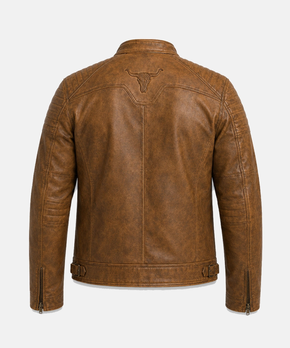 MensDistressedTanCafeRacerLeatherJacket