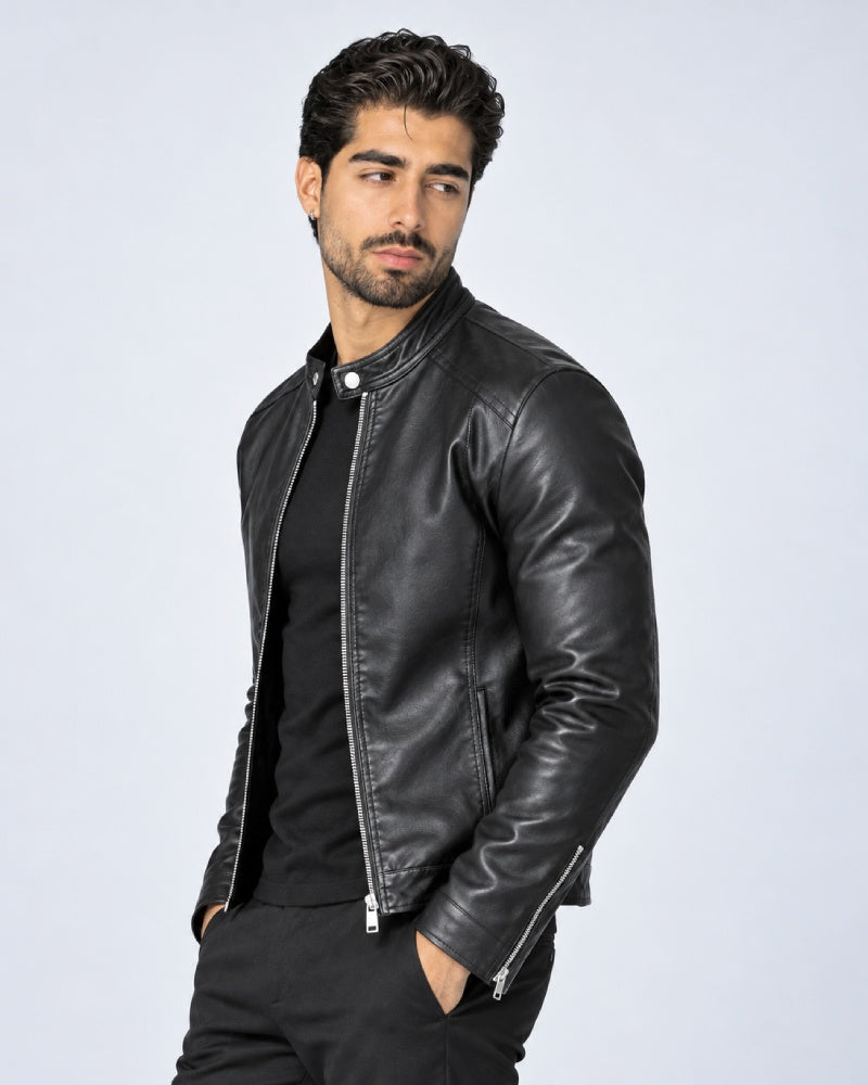 MensPlainBlackLeatherBikerJacket