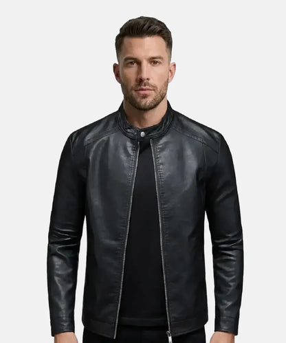 MensPlainBlackLeatherBikerJacketSale