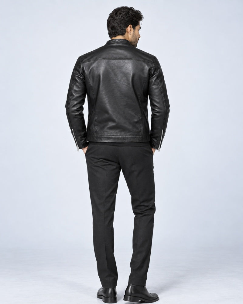 MensPlainBlackLeatherJacket