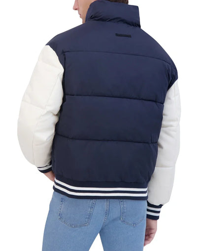 Mens Puffer Varsity Jacket Blue & White