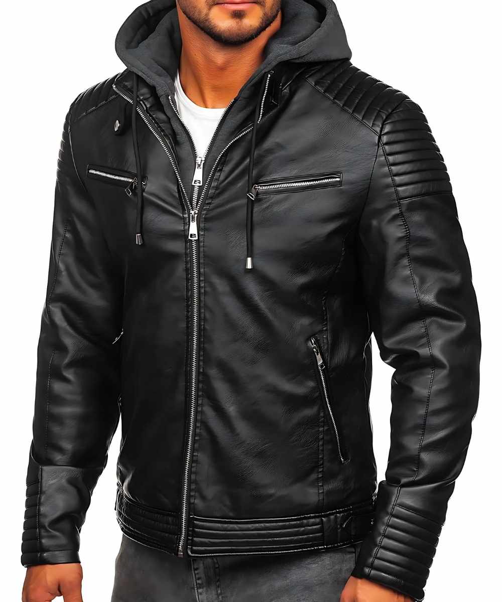 Mens Real Leather Jacket With Hood
