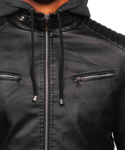 Mens Real Leather Jacket With Hood Black