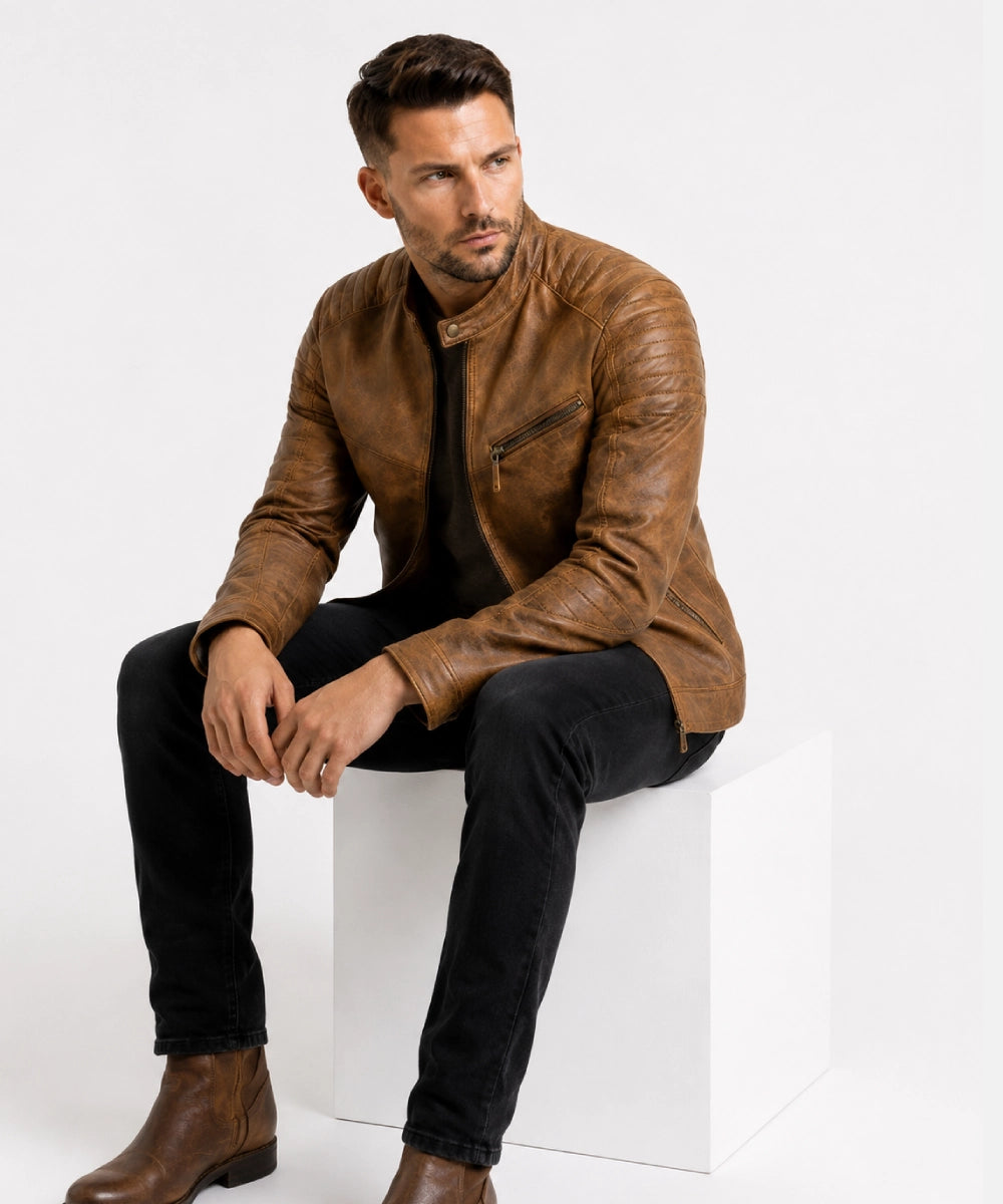 MensRoadsterDistressedTanCafeRacerLeatherJacket