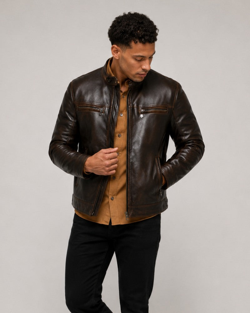 MensVintageBrownCafeRacerLeatherBikerJacket