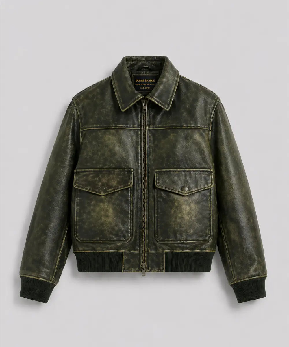 MensVintageEffectOliveDistressedLeatherJacket