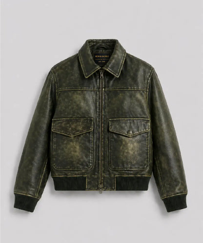 MensVintageEffectOliveDistressedLeatherJacket