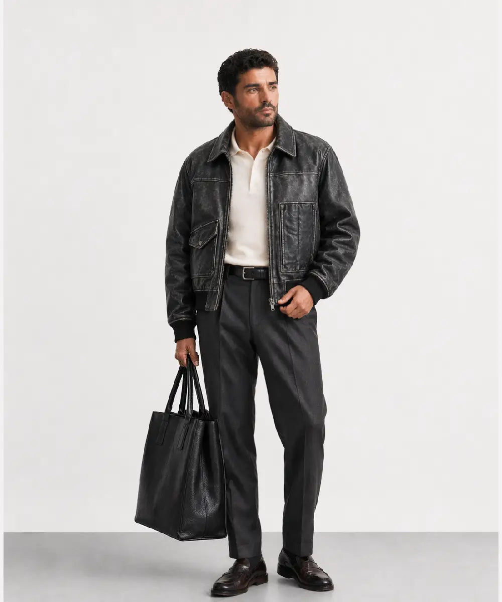 MensVintageEffectSmokedBlackLeatherJacket
