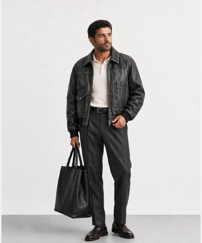 MensVintageEffectSmokedBlackLeatherJacket