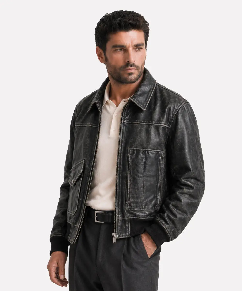 MensVintageEffectSmokedLeatherJacket