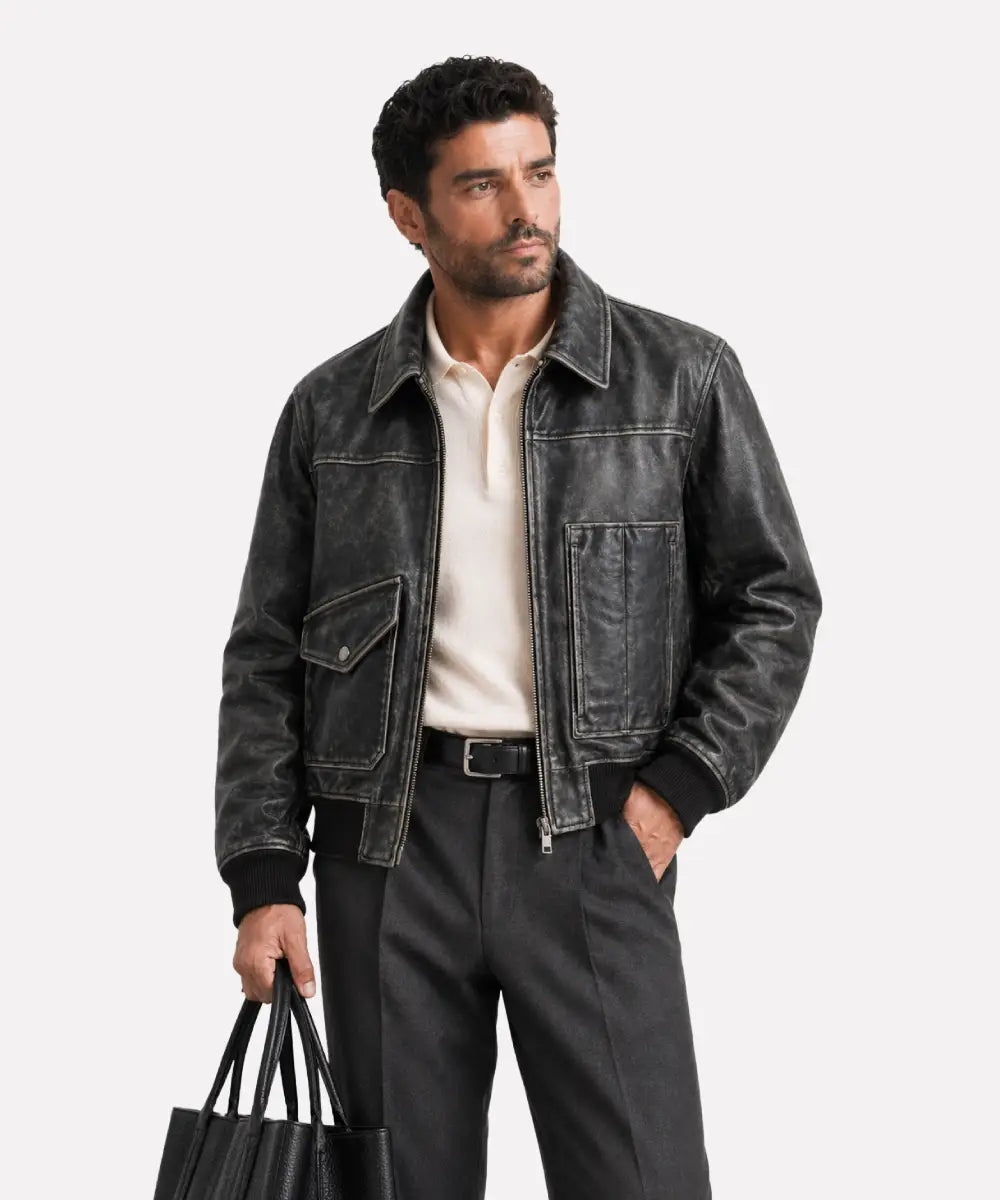 MensVintageSmokedBlackLeatherJacketOld1900sInspiredStyle