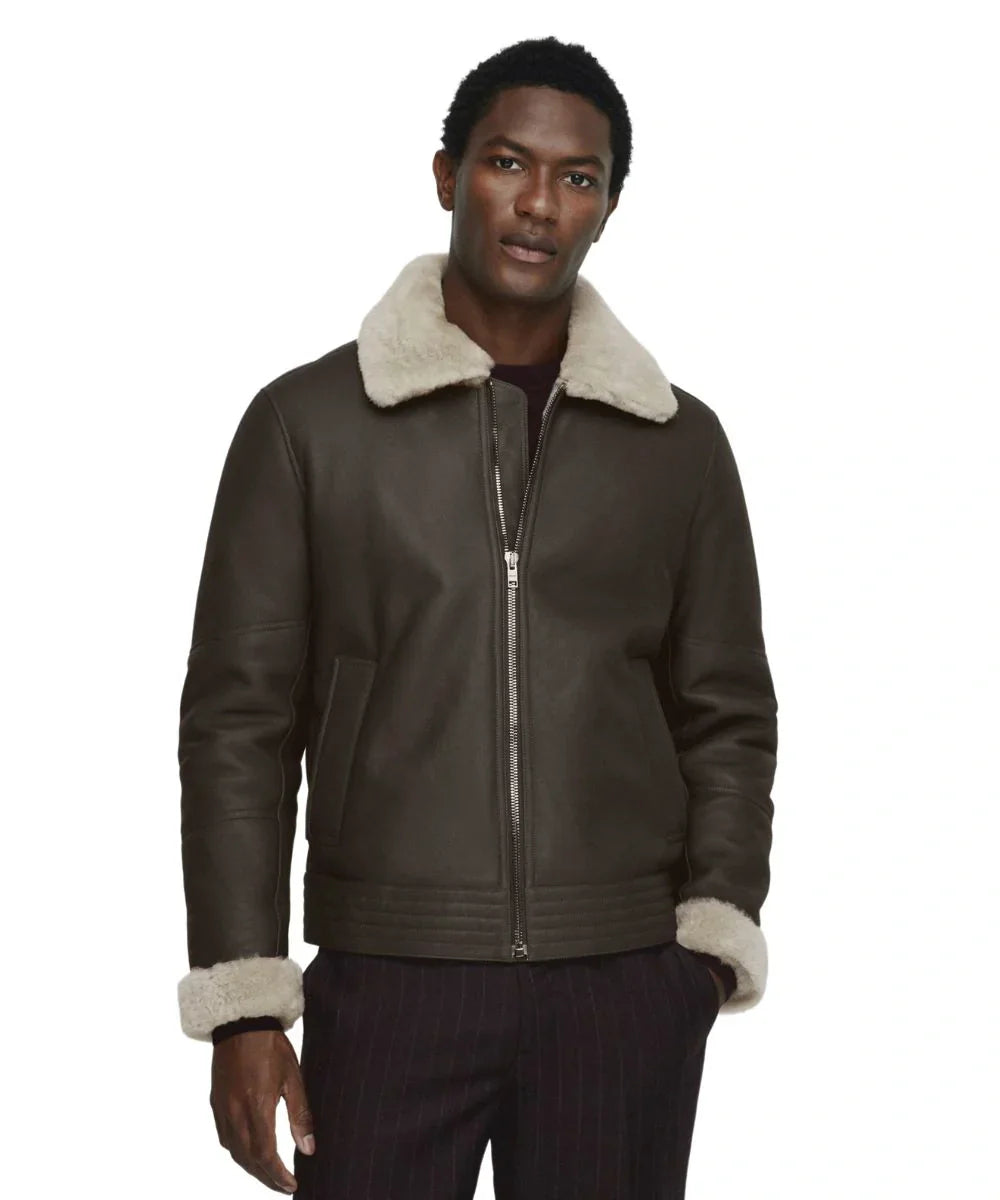 Mens Aviator Shearling Brown Leather Bomber Jacket