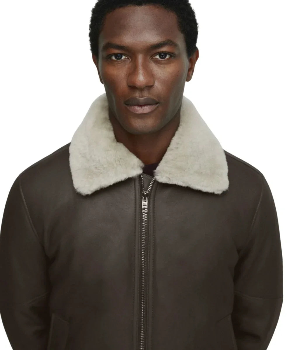 Mens Aviator Shearling Leather Bomber Brown Jacket