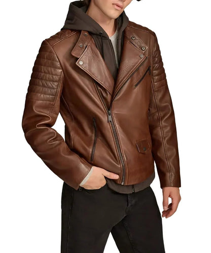 Mens Biker Brown Leather Jacket With Removable Hood