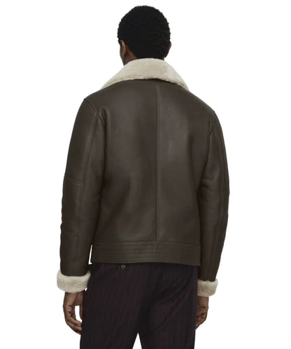 Mens Brown Aviator Shearling Leather Bomber Jacket 