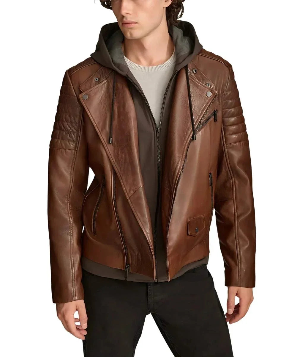 Mens Brown Biker Leather Jacket With Removable Hood