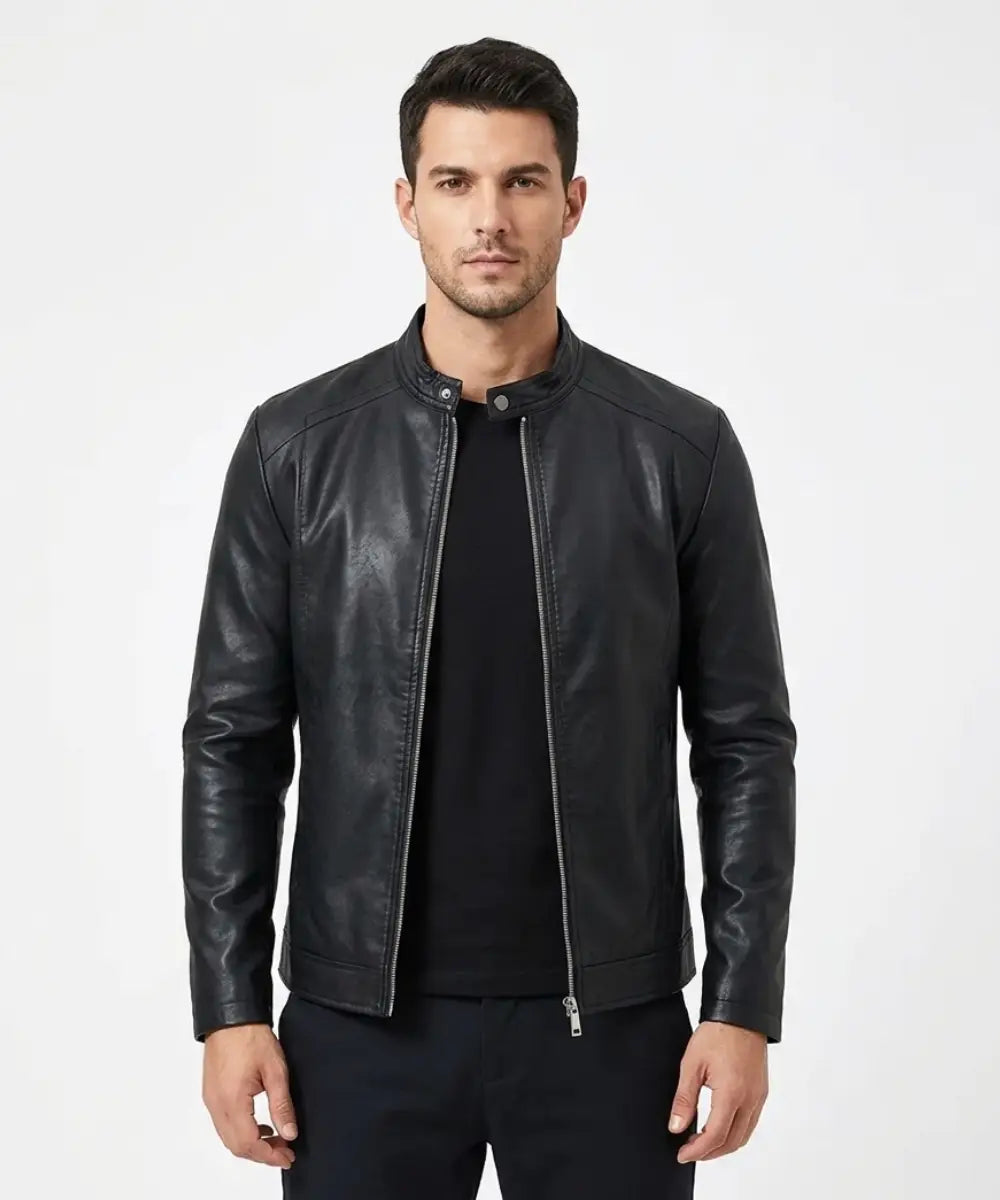 Men's Plain Leather Bomber Jacket - Black