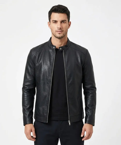 Men's Plain Leather Bomber Jacket - Black