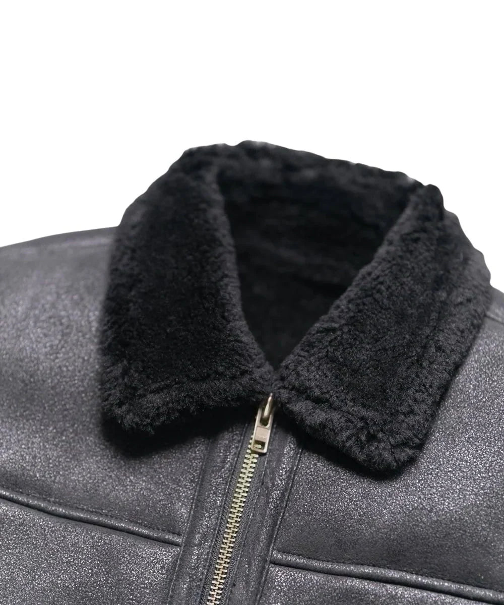 Mens Shearling Leather Bomber Jacket Black 