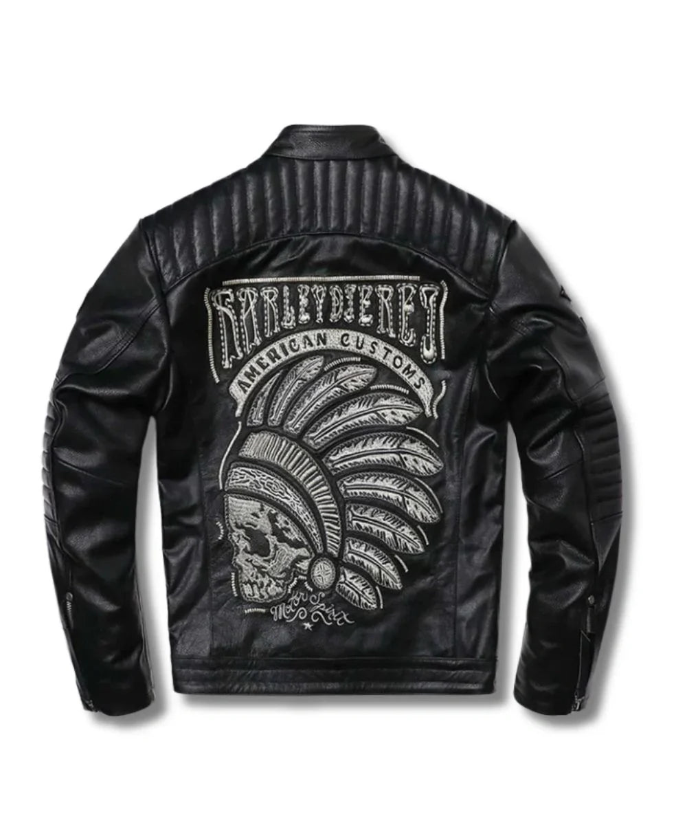 Mens Skull Motorcycle Leather Jacket Black 