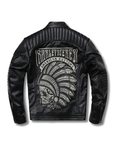 Mens Skull Motorcycle Leather Jacket Black 