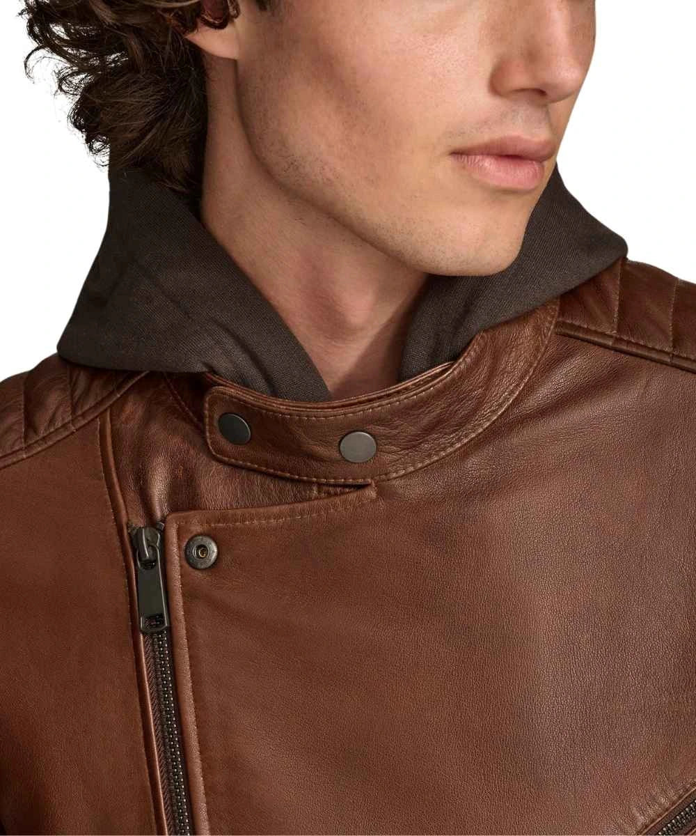 Mens leather jacket with hood Brown