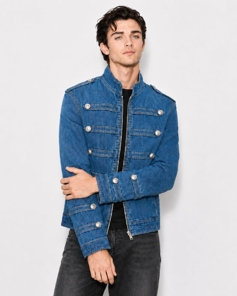 Military_nbsp_DefendedYouDecoratedStretchFroggingDetailDenimJacket