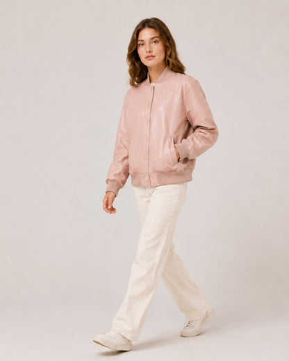 MinimalistSnap-ButtonBlushLeatherBomberVarsity-StyleJacket