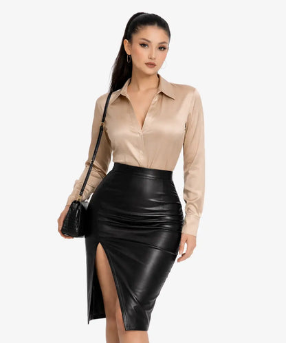 MireyaBlackLeatherPencilSkirt