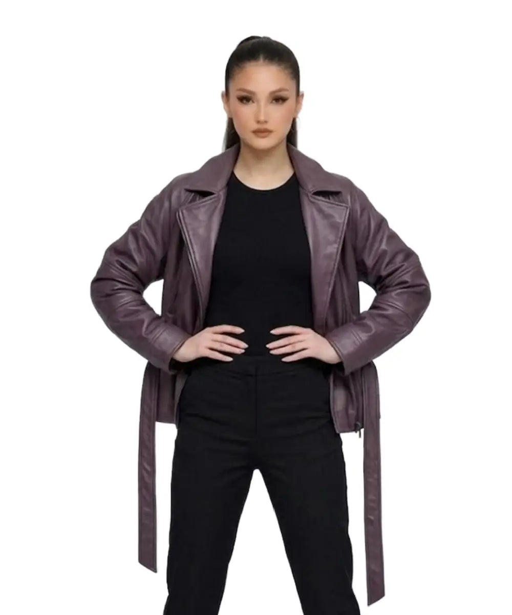 NewEditionShortWomenFauxLeatherPeplumJacket-MauveWine