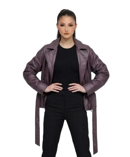 NewEditionShortWomenFauxLeatherPeplumJacket-MauveWine